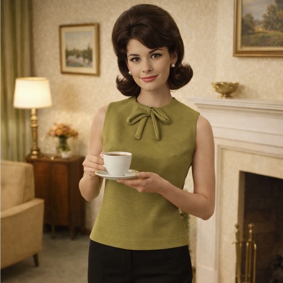 Unique Vintage Tops - Vintage 60s Mod Olive Green 100% Wool Sleeveless Top, Made in England, Size S